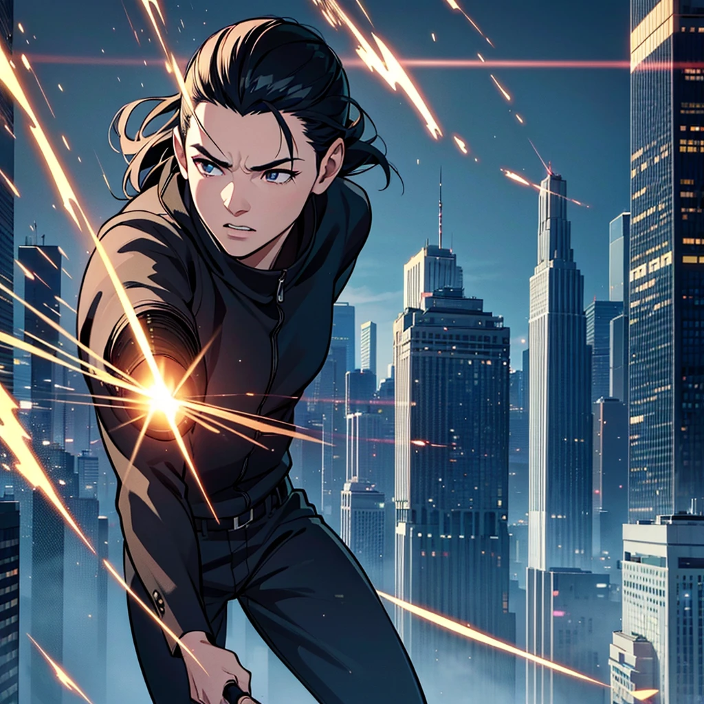 a man sliding down a skyscraper with a katana, sparks flying from the katana, sky background, giant skyscraper, sliding with katana, action scene, (best quality,4k,8k,highres,masterpiece:1.2),ultra-detailed,(realistic,photorealistic,photo-realistic:1.37),cinematic lighting,dramatic shadows,dynamic motion blur,stunning detail,hyperrealistic,hyper-detailed