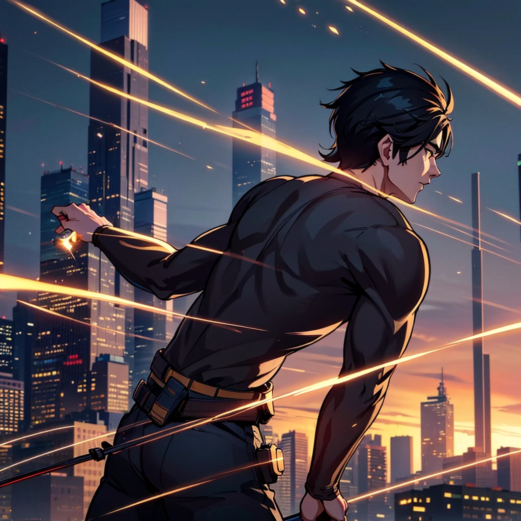 a man sliding down a skyscraper with a katana, sparks flying from the katana, sky background, giant skyscraper, sliding with katana, action scene, (best quality,4k,8k,highres,masterpiece:1.2),ultra-detailed,(realistic,photorealistic,photo-realistic:1.37),cinematic lighting,dramatic shadows,dynamic motion blur,stunning detail,hyperrealistic,hyper-detailed
