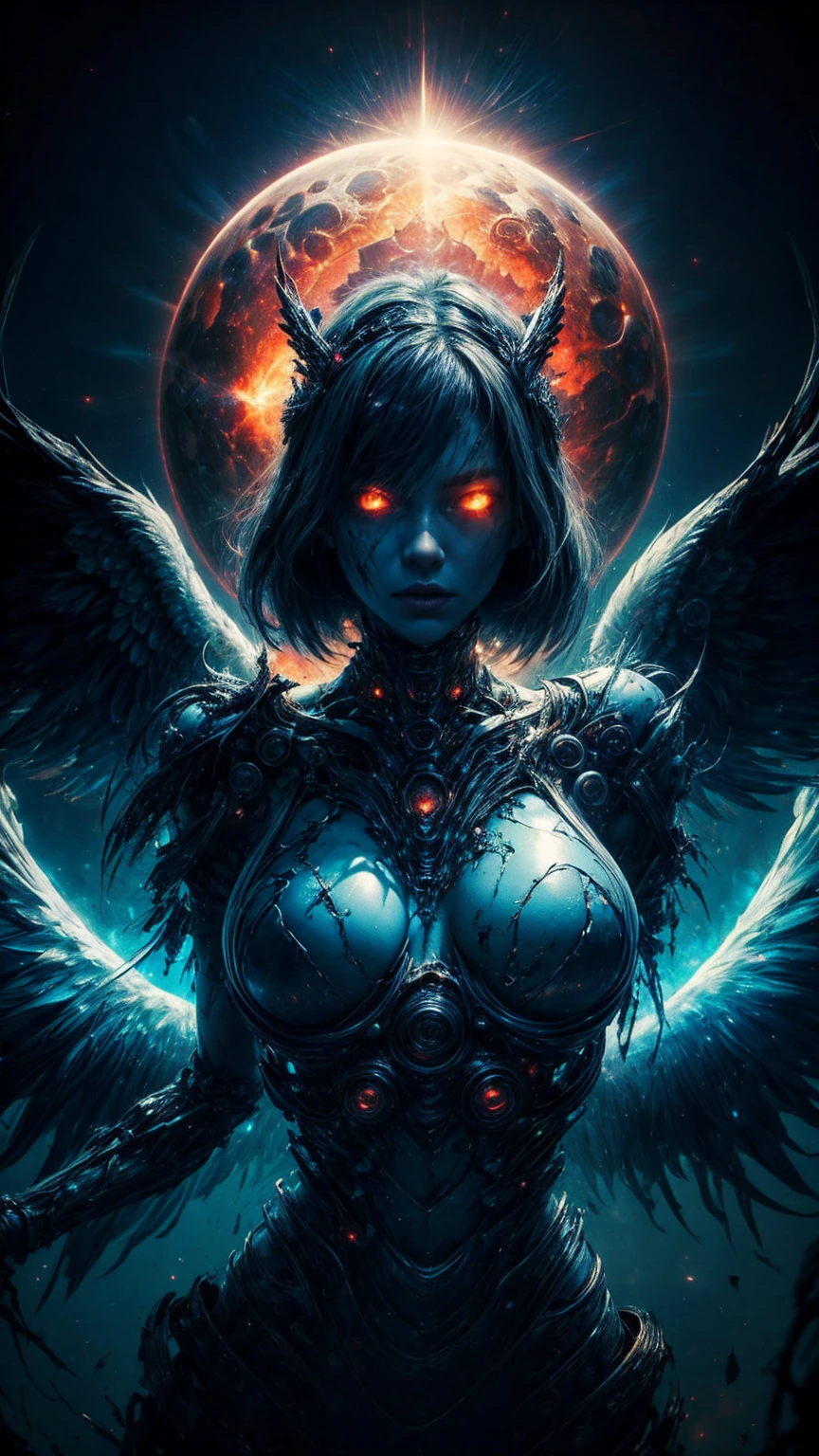 (best quality,4k,high-res,masterpiece:1.2),ultra-detailed,realistic:1.37,cosmic fallen angel,busty,glowing light eyes,biomechanical,eerie,creepy,brightly-colored,light particles,light glowing,mystical,medieval clothes,erotic
