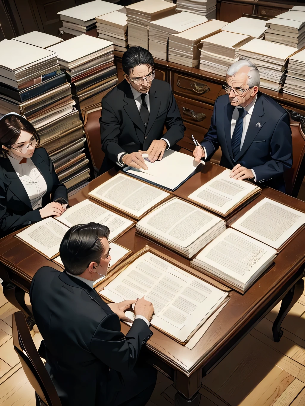 (Highest quality,4K,High resolution,masterpiece:1.2),Super detailed,(Realistic,photoRealistic,photo-Realistic:1.37), (perfect ), (Perfect ratio of fingers to thumb), (Symmetrical face), (from above), This is the office of a famous lawyer., (((They are discussing around a table piled high with boxes full of documents.))), The debate is heating up:1.4, They are serious about defending their clients to save their lives., In order to turn the tide of the battle, they are thoroughly examining and examining all relevant documents and records., A scene from a movie, Full Scene Shot