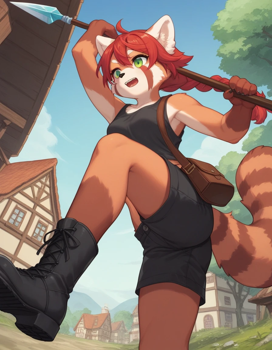 Solo, Score_9, score_8_up, score_7_up, kemono style, Kimiko, An Anthro furry red panda girl, red furry body, red panda tail, , black nose, red hair, braided hair, grinning with teeth, spear on back, tank top,  form fitting tight shorts, satchel around hip leather, black combat boots, wooden fantasy town, daytime, outdoors, low angle shot, running, gimlet stare, focused, majestic, side view, emerald green eyes, looking to side with head, long legs, athletic toned arms and legs, long braid behind head. 