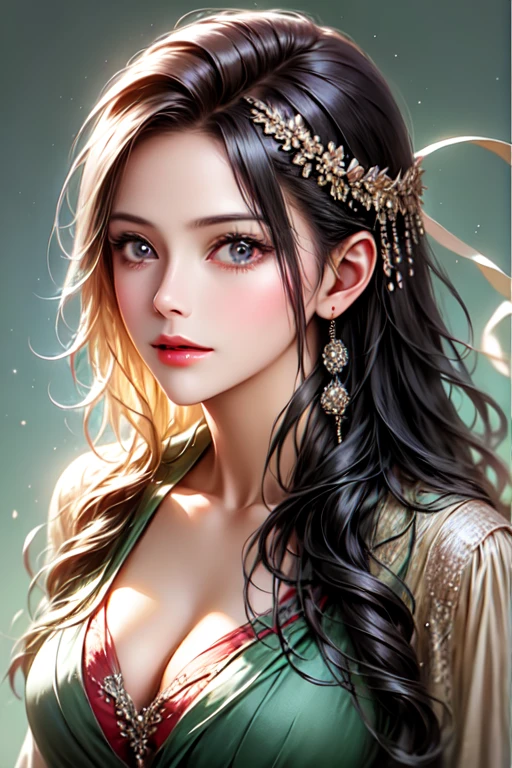 1girl,solo,beautiful detailed eyes,beautiful detailed lips,extremely detailed face,long curly brown hair,cleavage,large breasts,arabic girl,saudi arabia flag,finely detailed portrait,intense close-up,watercolor drawing,floating,disheveled hair,wearing baggy t-shirt,soft and lazy,best quality,4k,8k,highres,masterpiece:1.2,ultra-detailed,realistic,photorealistic,photo-realistic:1.37,portrait,simple background,whole colored background,clear