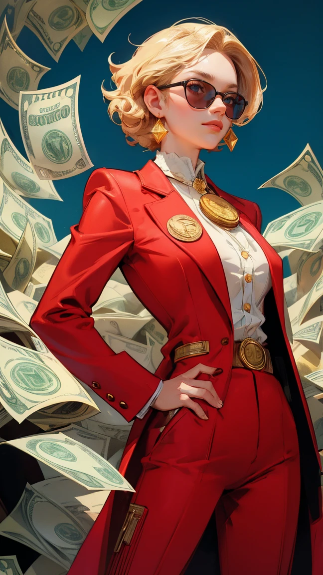 A detailed illustration of an extremely rich woman with yellow sunglasses and a red suit, smiling on her face, surrounded by lots of money in the background. she is holding her chin while thinking about something. The character should be depicted in a vibrant comic book style with bright colors and bold outlines. In front there are some coins and dollar bills. There will also be various other logos in the background to symbolize wealth and success. Make it look like a poster in the style of a comic book artist