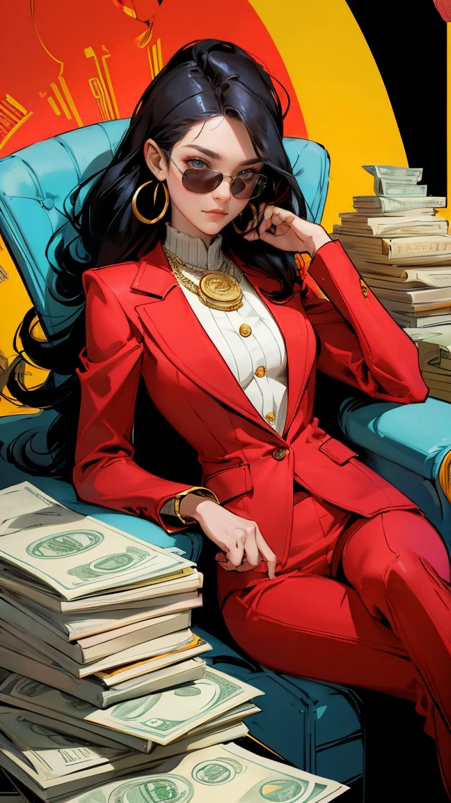 A detailed illustration of an extremely rich woman with yellow sunglasses and a red suit, smiling on her face, surrounded by lots of money in the background. she is holding her chin while thinking about something. The character should be depicted in a vibrant comic book style with bright colors and bold outlines. In front there are some coins and dollar bills. There will also be various other logos in the background to symbolize wealth and success. Make it look like a poster in the style of a comic book artist