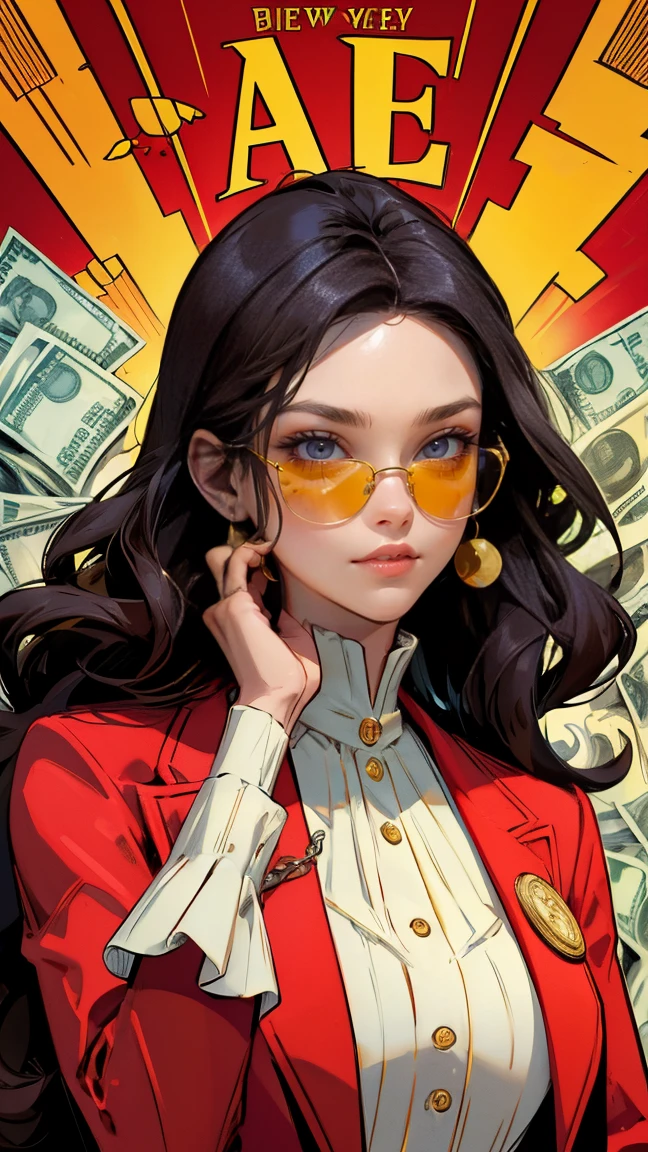A detailed illustration of an extremely rich woman with yellow sunglasses and a red suit, smiling on her face, surrounded by lots of money in the background. she is holding her chin while thinking about something. The character should be depicted in a vibrant comic book style with bright colors and bold outlines. In front there are some coins and dollar bills. There will also be various other logos in the background to symbolize wealth and success. Make it look like a poster in the style of a comic book artist