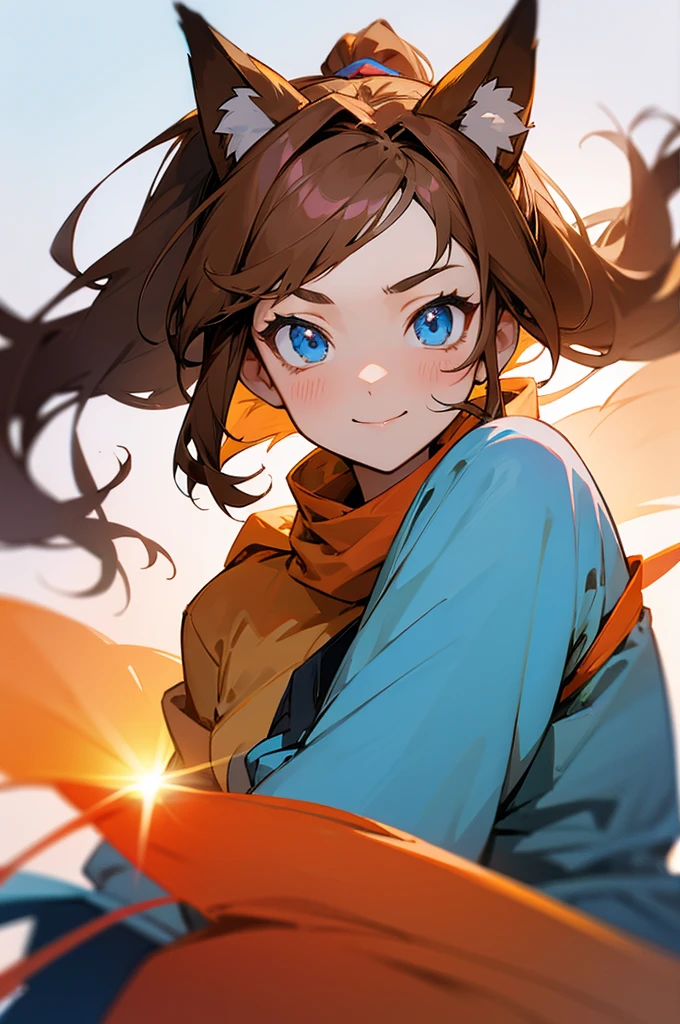 Visualise an anime-styled character portrait: a teenage girl with playful blue eyes and light brown hair styled in a ponytail. She has a fringe on the left side of her face with two strands trailing down each cheek and framing her face. She is smiling. She has fox ears on top of her head, no human ears. She is dressed casually in a loose, comfortable shirt.