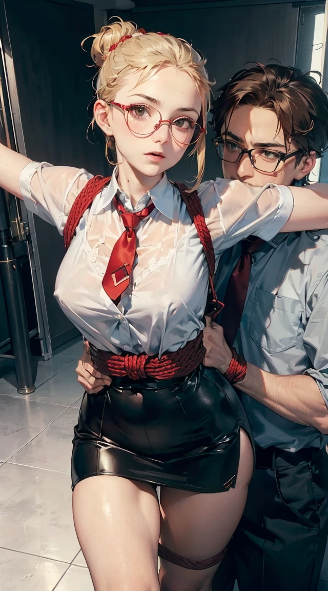 8k,Realistic Photo、Realistic Skin Texture、Superrealism、Japanese women、、rifle、bike、Floor tiles 19th century Parisian artists, Messy hair bun)), ((Browsing Caution:1.0)),(ultra detailed perfect piece:1.2), illustration, masterpiece, (extremely detailed CG 8k), (very fine 8K CG),riofutaba, adult, tall, mature, ashe brown hair, brown eyes, expressionless, slight blush, ponytail, scrunchie, very high quality eyes, Brown sweater vest, beige vest, white shirt, ((medium breasts)), short sleeved shirt, red necktie, Blue pleated skirt, (thighs) (((BREAK 2persons, 1boy, 1girl,, bound, (bound arms), the highest facial resolution, , mulher modestamente vestida, vestido inteiramente, ( pequeno, cabelos pretos, black franja reta, super thin braids, franja reta, Red glasses, olho verde escuro, science fiction, Fighter aircraft, standing On the landing of a Fighter aircraft, the agency, uma personalidade profundamente inteligente, A calm expression, um rosto respeitoso, uma guerra, a Fighter aircraft　BIGHIP　BIGASS　FUCKOFF　FUCKFUCKFUCK