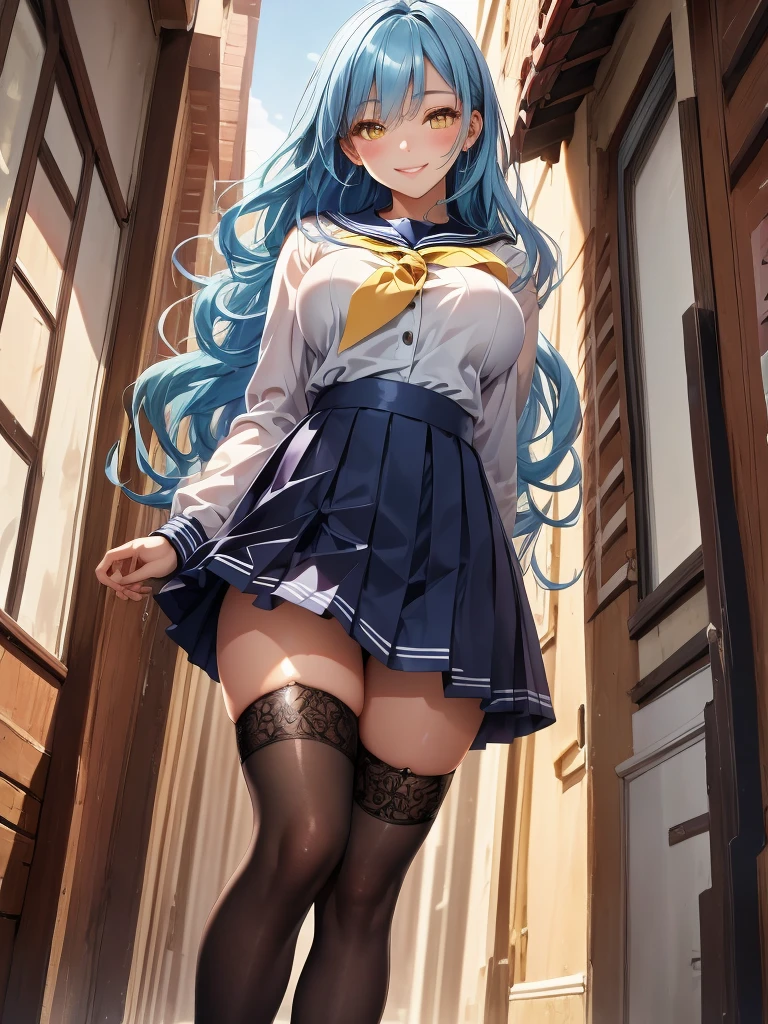 1990s anime, Private public toilet, Open Door, There is a woman standing in front of a Western-style toilet, Beautiful anime girl standing, ars, Ryuzaki Umi, straight haired, blue hairs, Straight-cropped bangs, Light blue blazer, white  shirt, huge udder, long drooping udder, a blue skirt, Black tights, Black Coin Loafers, Rear view, Looks Back, Blue eyes, shame, a smile, Skirt rolled up, The edge of the white shirt protruding from the skirt, Naked butt, White panties slid down, Realistic Schoolgirl, Surreal Junih School Giryperrealistic schoolgirl, Niō Standing, Bottom Angle, Ecchi