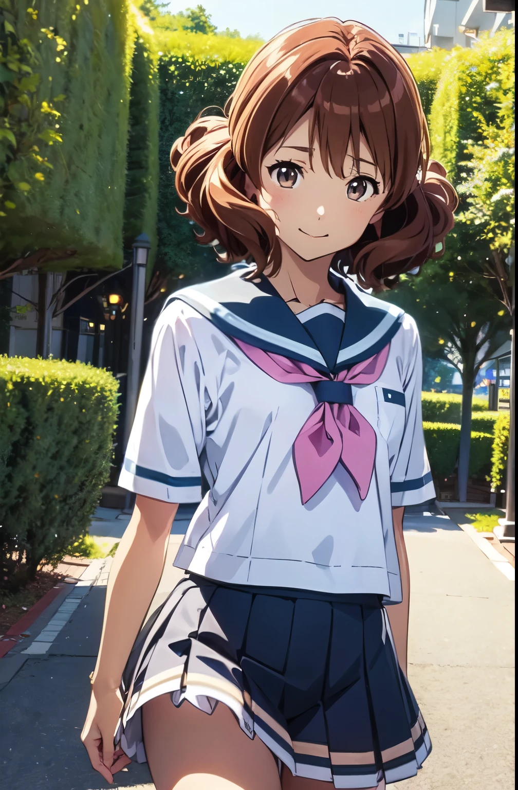 masterpiece、Ultra-precision,Kumiko Omae、(Anime illustration style:1.3)、Highest quality,Are standing、 Closed Mouth, garden、alone, {You_Kumiko_Euphonium Sound:1.15}, brown_hair, short_hair, brown_eye,Beautiful thighs, Pink neckerchief、White shirt、Angel、Absolute reference to the center、Light blue uniform、Light blue skirt、Laughter,High 、(Genuine、Realistic、Realistic:1.5)、High resolution、超High resolution、Ultra-fine painting、Sharp focus、Physically Based Rendering、Cowboy Shot,(Moe:1.10)、