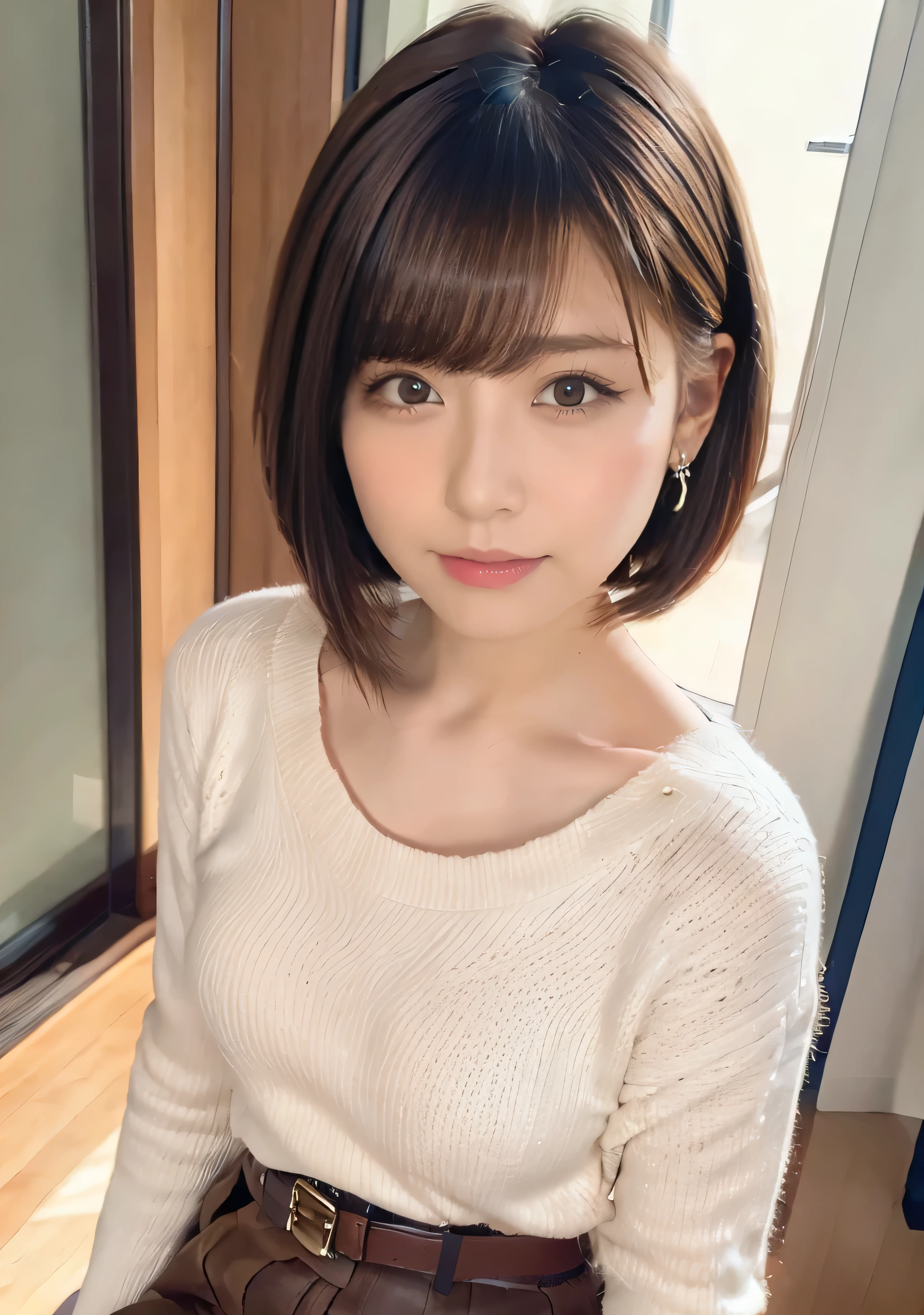 ((from front.Curved waist、Summer knitwear、Cute mini skirt、belt、Large Breasts:1.4.))、Medium Short Hair、Silver necklace and small silver earrings :1.4))、Full body photo、smile、 Caustics、Highly detailed photos、Very beautiful woman 、Ample breasts、No makeup、(8k、RAW Photos、Highest quality、masterpiece:1.2)、(Realistic、Realistic)、1 girl、((Brown Hair、Medium Short Hair、Blur the background、Looking into the camera:1.4))、
