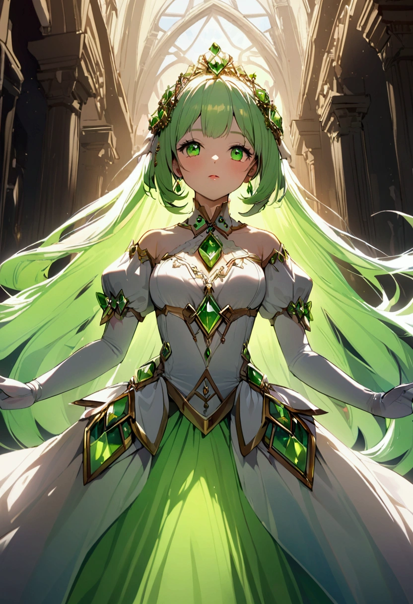 A princess wearing a dress inspired by the gemstone peridot　Gorgeously sparkling peridot in the background