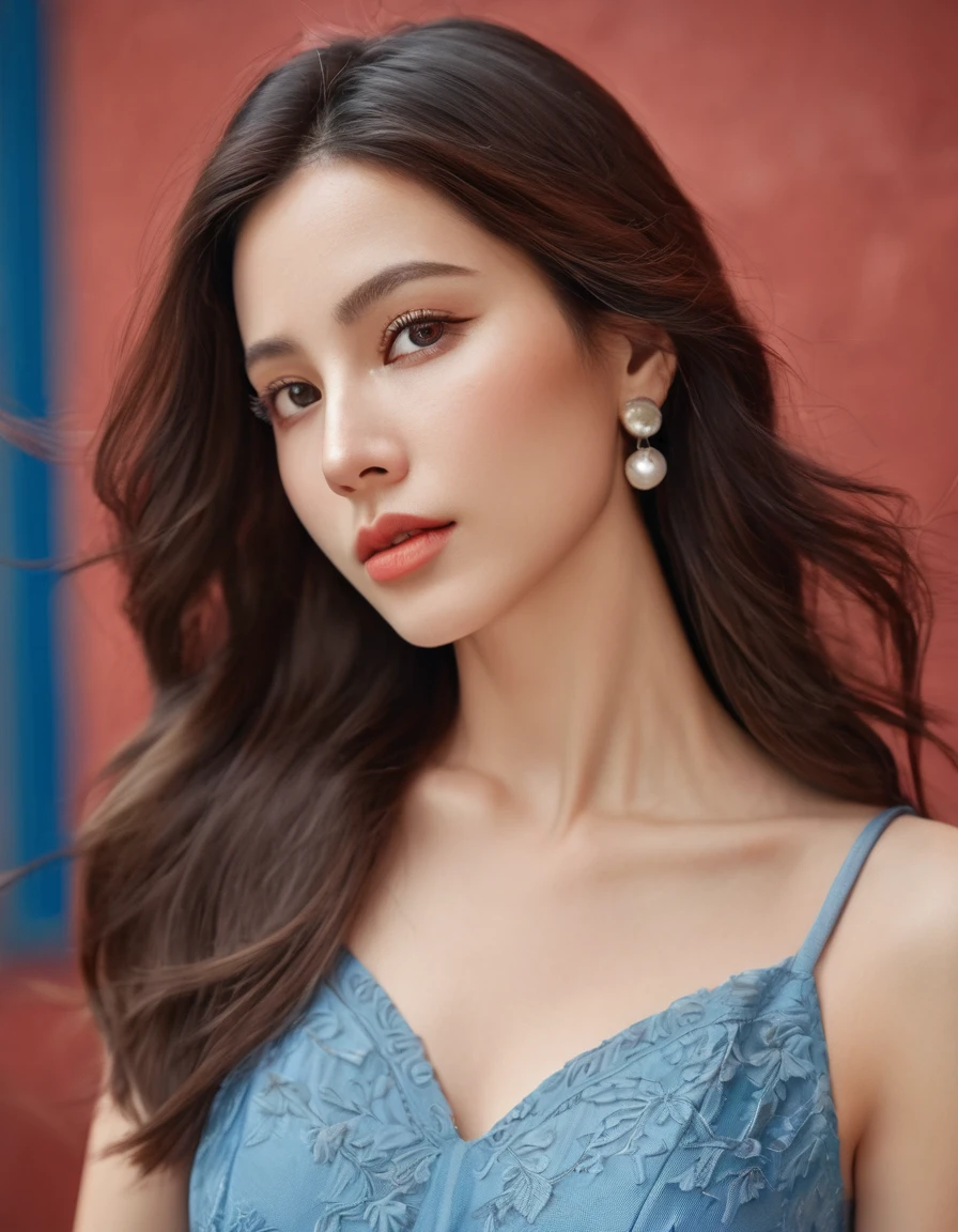a beautiful young woman with long brown hair, blue summer dress, soft lighting, red wall background, detailed facial features, (best quality,4k,8k,highres,masterpiece:1.2),ultra-detailed,(realistic,photorealistic,photo-realistic:1.37),detailed eyes,detailed lips,extremely detailed face,long eyelashes,upper body portrait,soft lighting,warm colors,elegant,serene