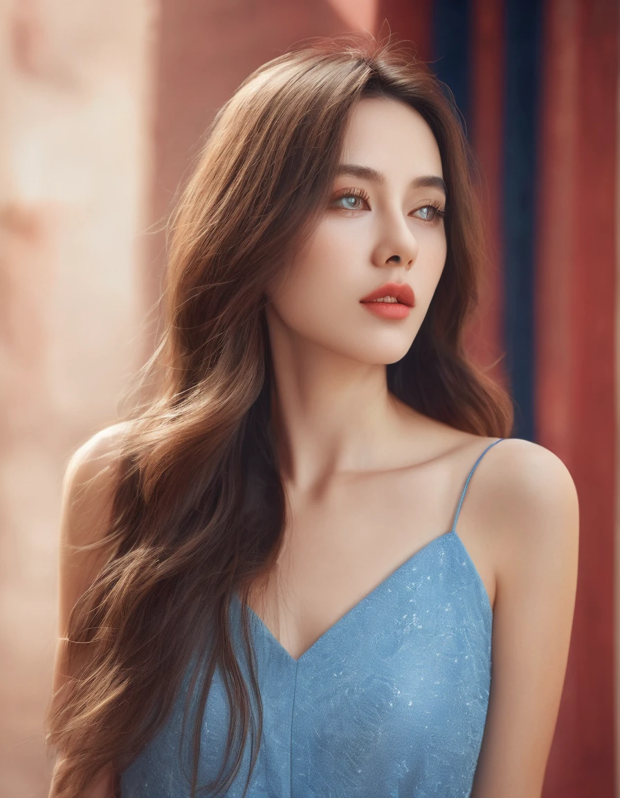 a beautiful young woman with long brown hair, blue summer dress, soft lighting, red wall background, detailed facial features, (best quality,4k,8k,highres,masterpiece:1.2),ultra-detailed,(realistic,photorealistic,photo-realistic:1.37),detailed eyes,detailed lips,extremely detailed face,long eyelashes,upper body portrait,soft lighting,warm colors,elegant,serene