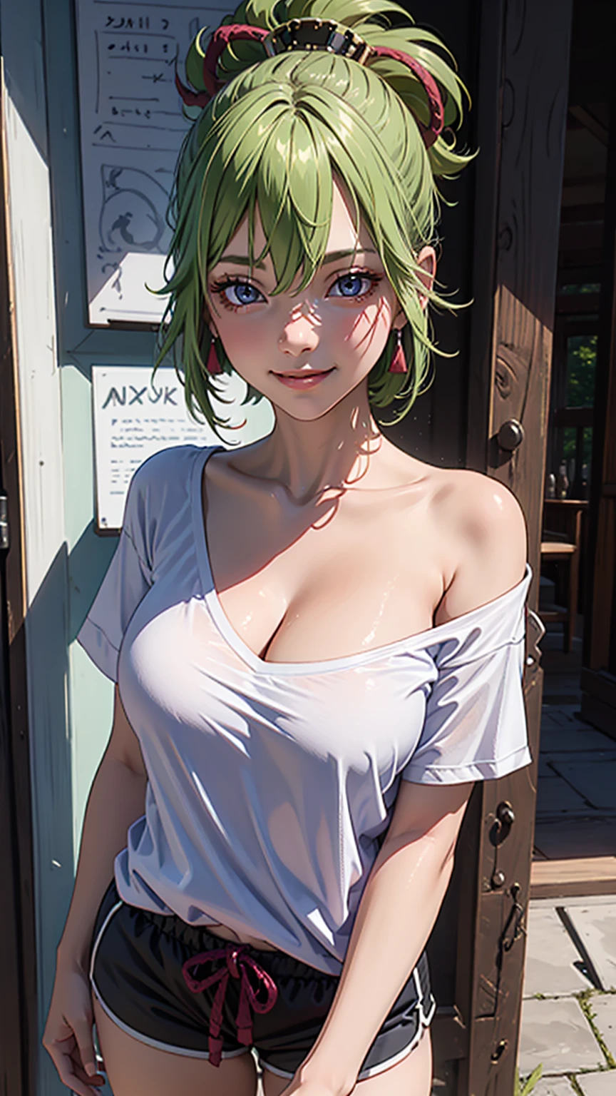 (Girl),(kukirnd),masterpiece,large breast, outdoors, looking at viewer, detail eyes, detail face, standing, smile, (front view:1.3), dolphin shorts, Single Bare Shoulder shirts, upper body shot,(detailed face), (cleavage), white shirts,