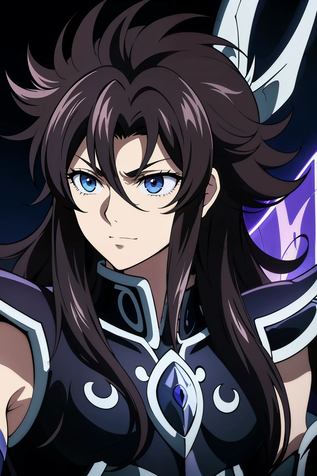 (high-quality, breathtaking),(expressive eyes, perfect face) portrait, Symmetrical Eyes, 1boy, male, solo, adult, black hair, black coloured eyes, stylised hair, medium length hair, loose hair, side bangs, spiked hair, fluffy hair, looking at viewer, portrait, black background, narrow eyes, soft eerie blue lighting backround, rock terrain background, Hades Armor, Thanatos Saint Seiya Armor, Thanatos Saint Seiya Armor, Dark Purple Armor, trim, full plate, masculine face, Thanatos Lost Canvas Saint Seiya, cute smile, half body shot,
