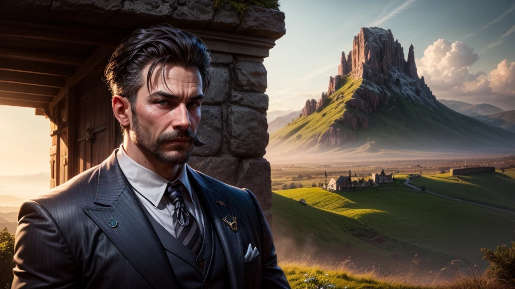 there are two men posing for a portrait, a young dapper male human wizard and young dapper man in a kilt with a mustache, muscular character and Mamihlapinatapai,jaunty dapper panglossian , green, irish, in the background there is a beautiful hill with small sheep and blue sky, sunstreaks with rays of gold, a intricate cane with the cane's head carved after a teapot, dapper attire with details of four leaf clovers , the background is of green hills and meadows, sunlight on them both
(best quality,4k,8k,highres,masterpiece:1.2),ultra-detailed,(realistic,photorealistic,photo-realistic:1.37),HDR,UHD,studio lighting,ultra-fine painting,sharp focus,physically-based rendering,extreme detail description,professional,vivid colors,bokeh,portraits,landscape,horror,anime,sci-fi,photography,concept artists,vibrant,contrasting, warm light
