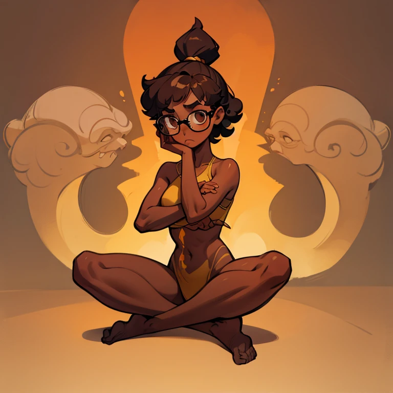 Really embarrassed tomboy girl, with short gray curly hair, brown skin and glasses, in brown body paint , full body, yoga poses