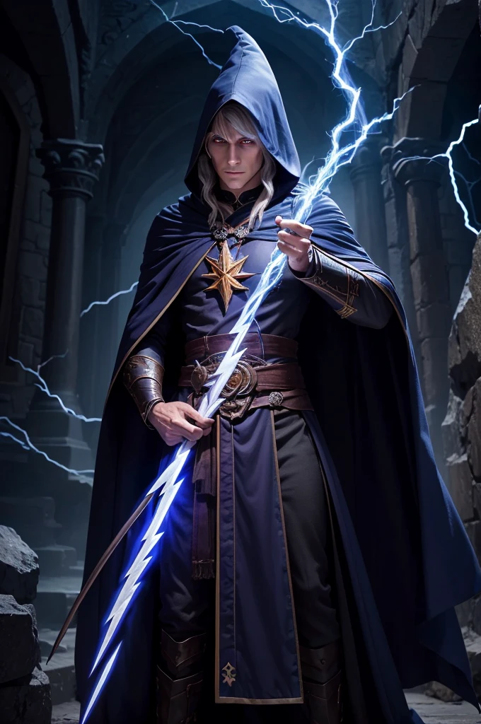 Male dark elf wizard, staff, lightning, robes, cloak, wizard hat, (((masterpiece)))