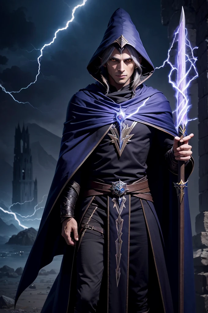 Male dark elf wizard, staff, lightning, robes, cloak, wizard hat, (((masterpiece)))