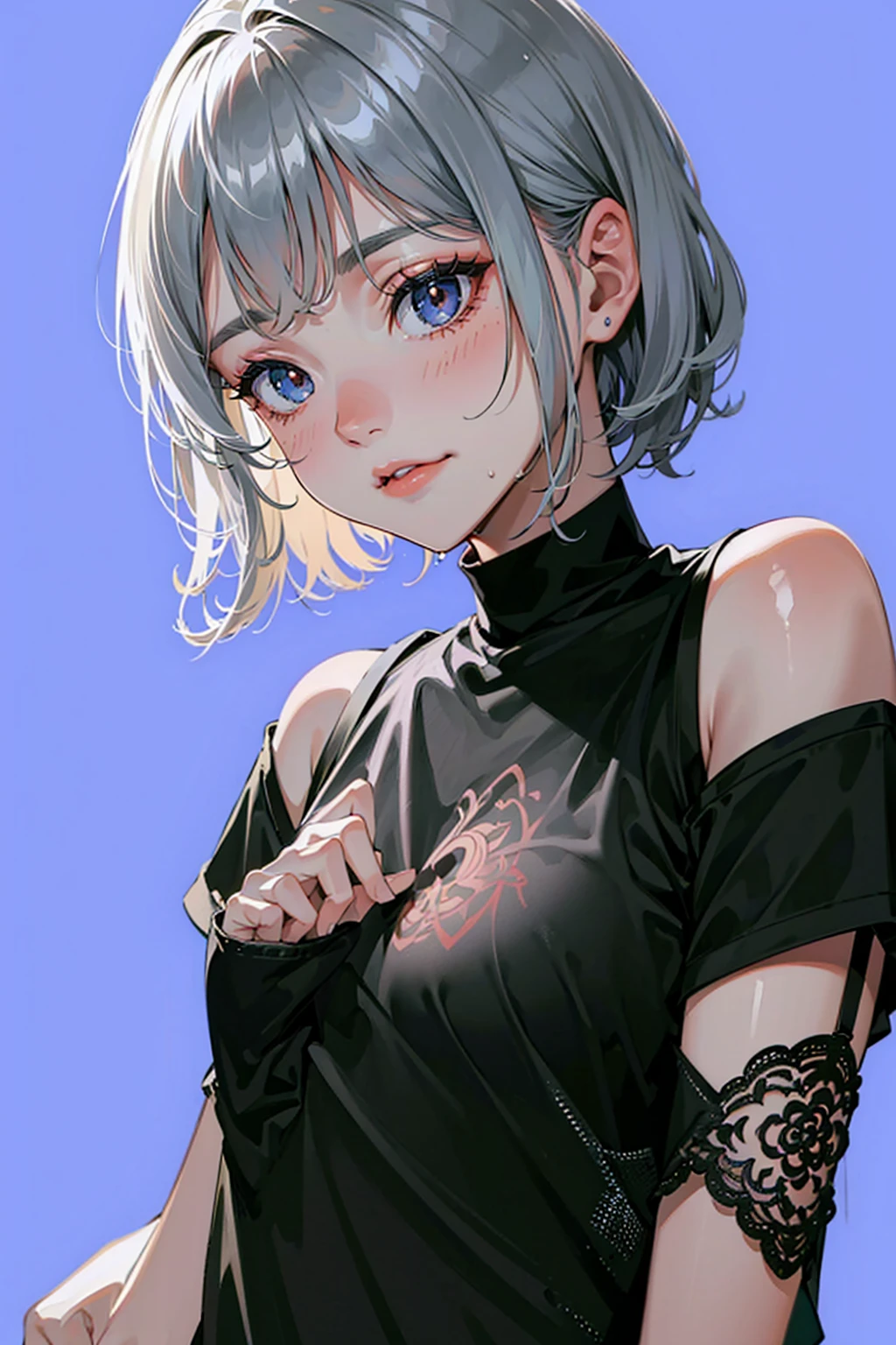 Beauty, High nose, Long eyelashes, 目にLight, blue, Light, Fluttering Hair,Big eyes, Inner color hair, turn around, Get wet, short hair, 30 years old, glossy, charm, Real, Big white t-shirt, Gray Hair,
