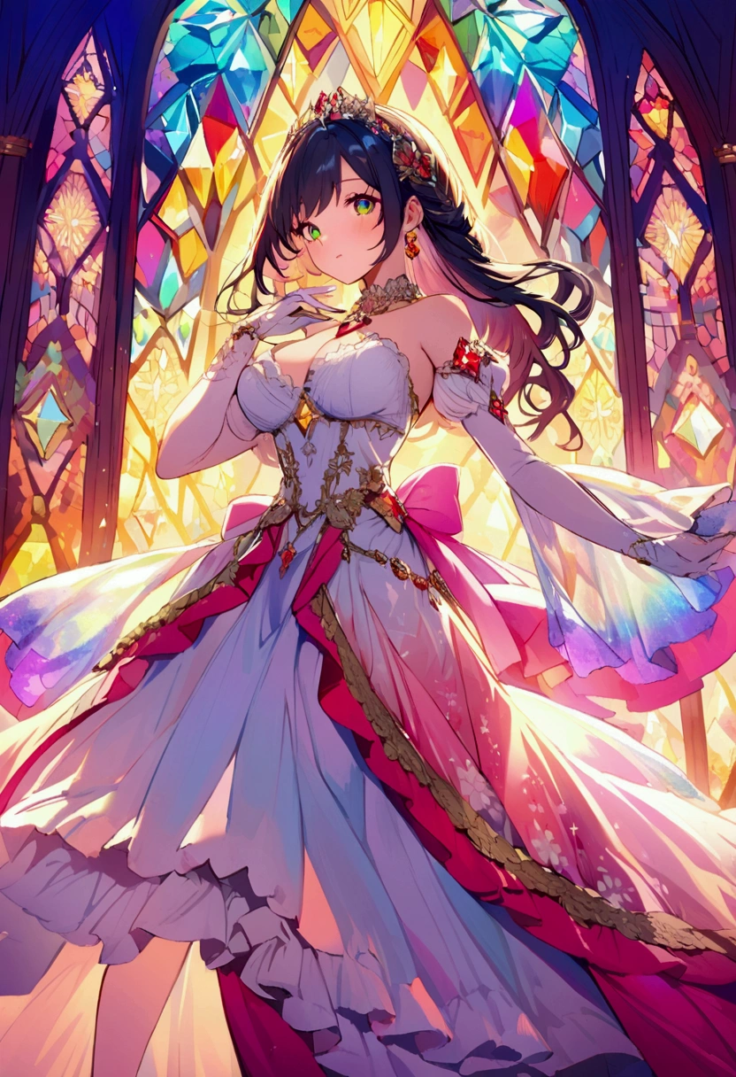 A beautiful princess wearing a dress inspired by the gemstone topaz Gorgeously sparkling topaz in the background
