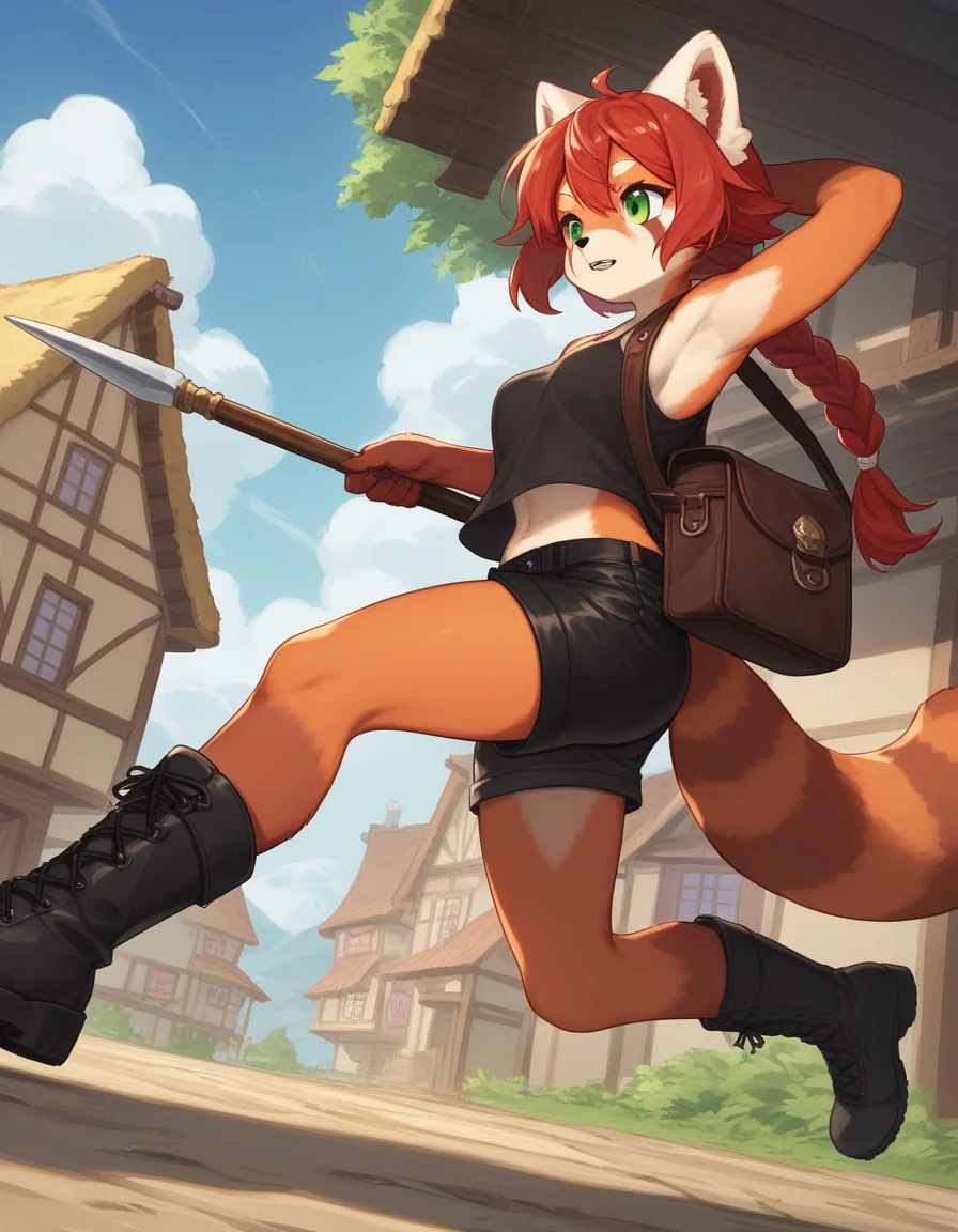 Solo, Score_9, score_8_up, score_7_up, kemono style, Kimiko, An Anthro furry red panda girl, red furry body, red panda tail, , black nose, red hair, braided hair, grinning with teeth, spear on back, tank top, form fitting tight shorts, satchel around hip leather, black combat boots, wooden fantasy town, daytime, outdoors, low angle shot, running, gimlet stare, focused, majestic, side view, emerald green eyes, looking to side with head, long legs, athletic toned arms and legs, long braid behind head.