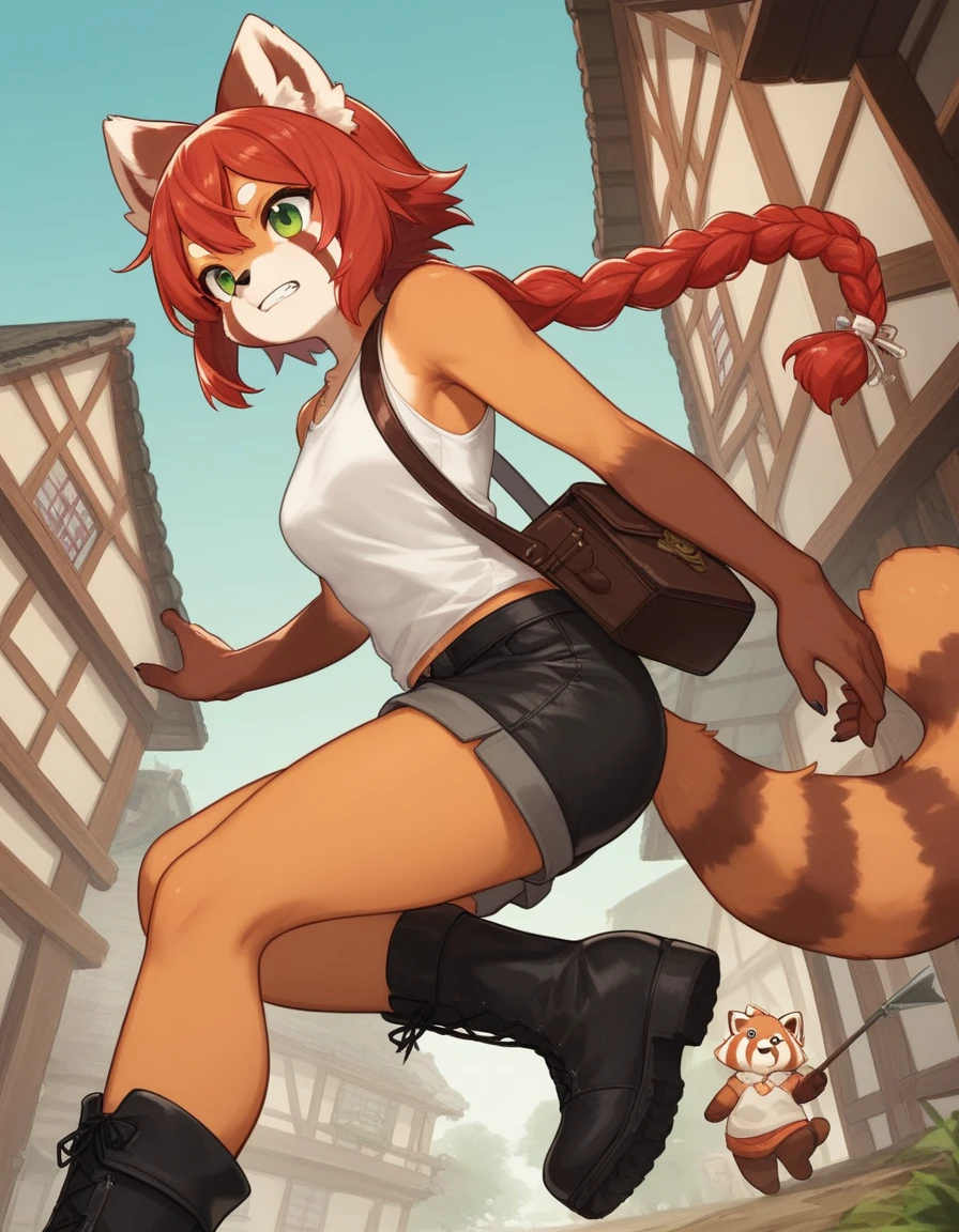 Solo, Score_9, score_8_up, score_7_up, kemono style, Kimiko, An Anthro furry red panda girl, red furry body, red panda tail, , black nose, red hair, braided hair, grinning with teeth, spear on back, tank top,  form fitting tight shorts, satchel around hip leather, black combat boots, wooden fantasy town, daytime, outdoors, low angle shot, running, gimlet stare, focused, majestic, side view, emerald green eyes, looking to side with head, long legs, athletic toned arms and legs, long braid behind head. 