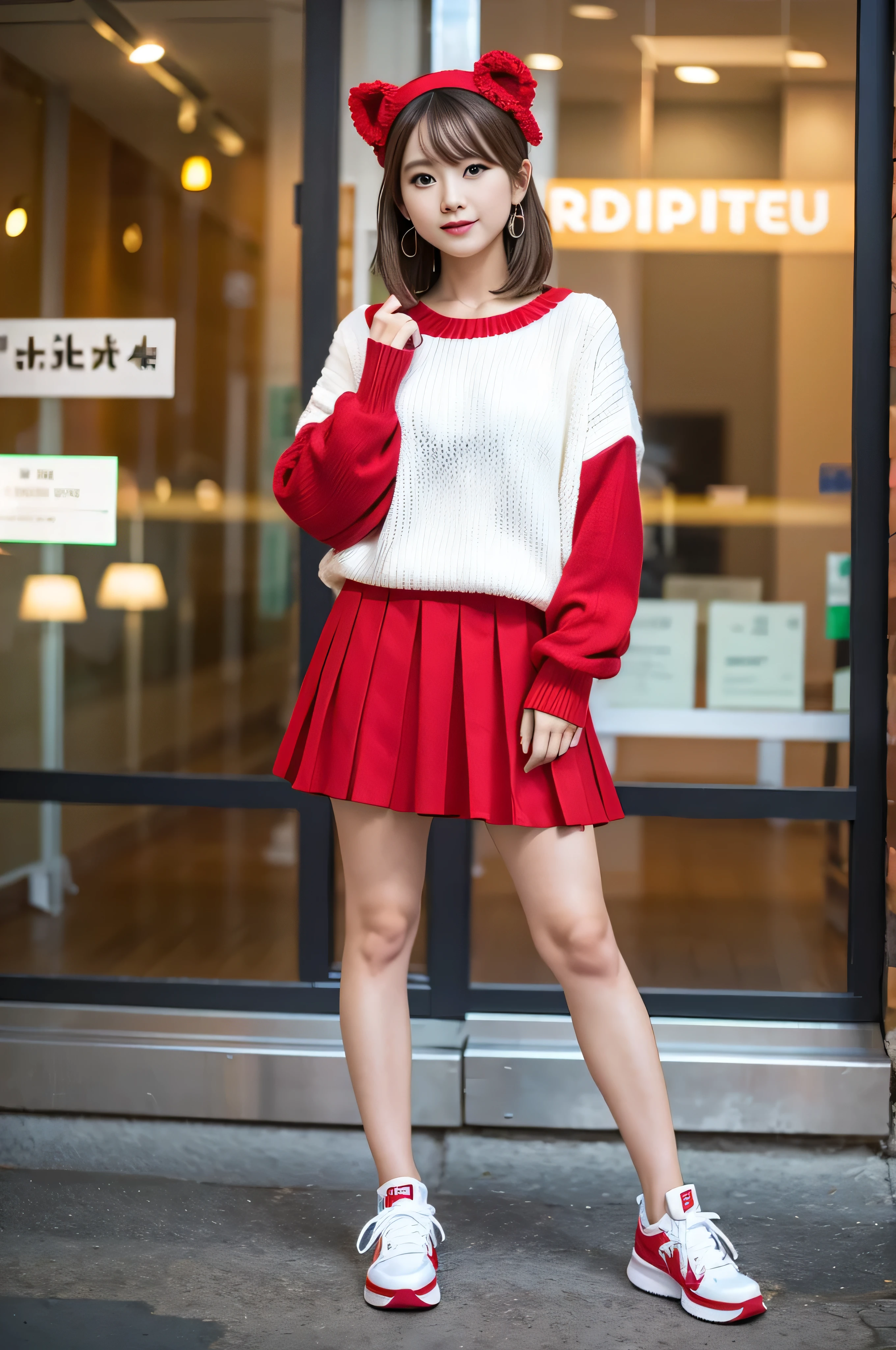 masterpiece, best quality, genny, hairband, red sweater, frilly white skirt, sneakers, standing, looking at viewer 