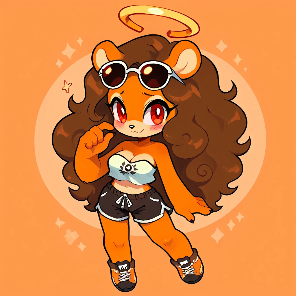 score_9, score_8_up, solo, mobian, hedgehog, two-tone fur ((orange fur, brown fur)), pyjama elastic shorts, strapless crop top, cleavage, high-top sneakers, two-tone hair (brown hair, black tip)), curly hair, halo, sunglasses, jewelry, red eyes, longeyelashes, red eyes, smile, shy, blush