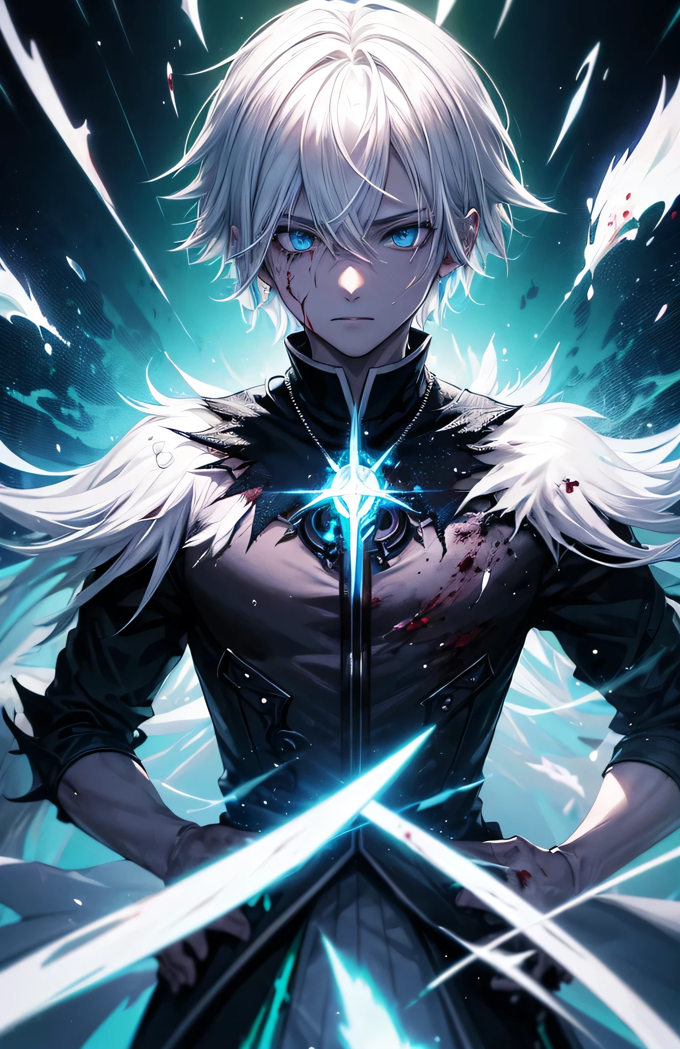 Boy, (masterpiece:1.2、highest quality), (Exquisite eyes: 1.2), (Detailed Background、Dark fantasy), (handsome detailed face), High Contrast, (Best lighting、Very delicate and cool), ((Cinema Lighting) )), colorful, Hyper Detail, Dramatic Light, Intricate details, blue moon behind (30 years old, 1 boy, solo, white short hair, white hair, Sharp Face, blue eyes, white hair between the green eyes, Dynamic Angle), (Blood splatter:1.4), Black light swirling around the character, Depth of written boundary, blue light particles, Nightcore, black magician, Spectacular anime style, zerochan art, Anime Wallpaper, Burning, High quality anime art style, Key Anime Art