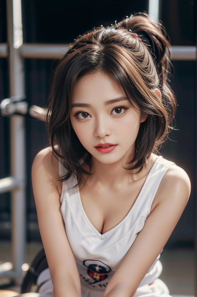 (RAW Photos,4K,tmasterpiece,hight resolution,very intricate)(realisticlying:1.4),Delicate girl illuminating facial features in a movie
1 Girls, single focus, Full body like,Summer noon, Playing the Basketball,Basketball Pose,thermography, 1990's\(styles\),White skin,(Bigchest,cleavage), (Best Quality), (hight resolution), (extremely delicate and beautiful),,(Beautiful 8k face),(Brown eyes),(ulzzang-6500:1.0),(Large breasts),(nffsw),(Basketball sportswear),((Playing Basketball)),((Gymnasium)),((velocity)),(reality),(chiayi:1.5), closeup cleavage, tmasterpiece, best qualtiy, RAW photogr, realisticlying, faces, incredibly absurd res, Buatigarh, adolable, short detailed hair, depth of fields, hight resolution, ultra - detailed, finedetail, Very detailed, extremely detailed eye and face, Sharp pupils, pupil realistic, tack sharp focus, cinmatic lighting, short skirt