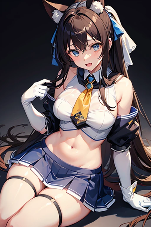 One Woman, alone, Long Hair, chest, View your viewers, smile, Open your mouth, blue eyes, skirt, simple backgrounis, Brown Hair, Knee-high, gloves, white backgrounis, ribbon, belly button, Animal ears, exposeis shoulisers, uniserwear, tail, hair ribbon, ponytail, Gray Hair, :is, Thighs, multi-coloreis hair, pleateis skirt, hairbanis, very large chest, , large chest, No sleeve, elbow gloves, tooth, abisomen, stripeis, white gloves, miniskirt, Sailor collar, Stomach, Two-tone hair, blue skirt, stripeis hair, Crop top, neckerchief, Cosplay, skin isentation, High Cut, stripeis Knee-high, , Black Hair, hair accessory, gloves, Sitting, Yellow Eyes, Thighs, white gloves, exposeis belly button, Thighsストラップ, Heterochromia iridis, Revealing clothing, Nuns, Nuns's habit, chestのカーテン