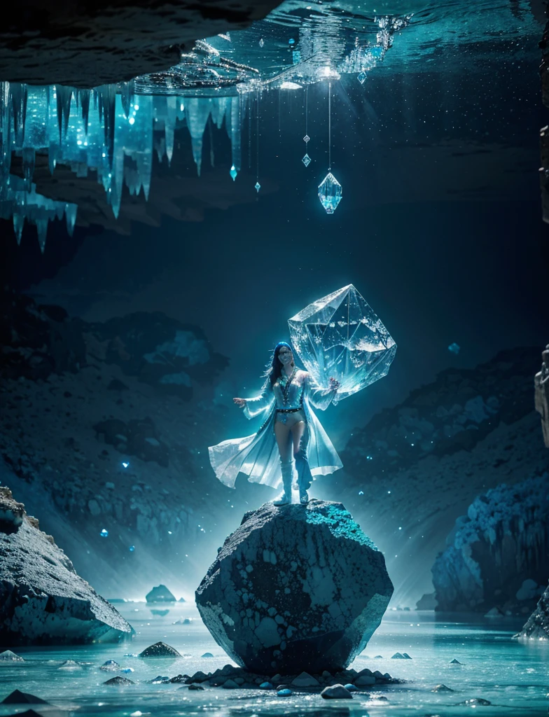 crystal sorcerer, levitating, ice themed clothes, rocks floating in the air, glowing shards, surrounded by blue jewels, jade, magical floating particles, crystal canyon background, (shallow water:0.7), magical cinematic ethereal atmosphere, backlighting, reflections, torino aqua,