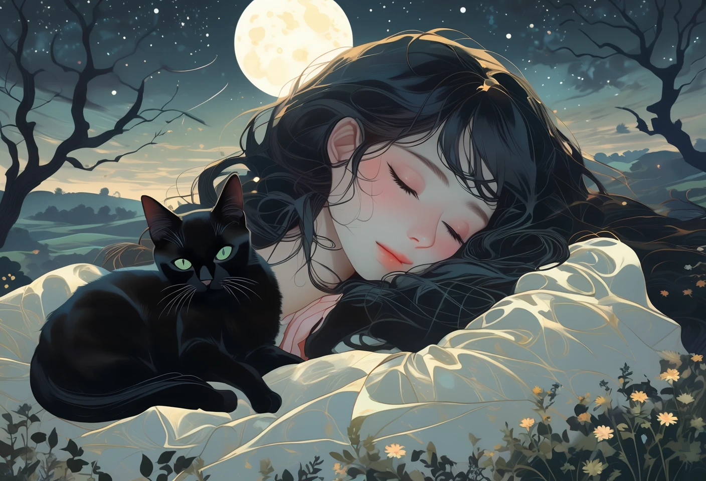 A woman stargazer lying on a moonlit hill, contemplating the vastness of the universe. A black cat is sleeping beside her. Eerie, unsettling, dark, spooky, suspenseful, grim, highly detailed