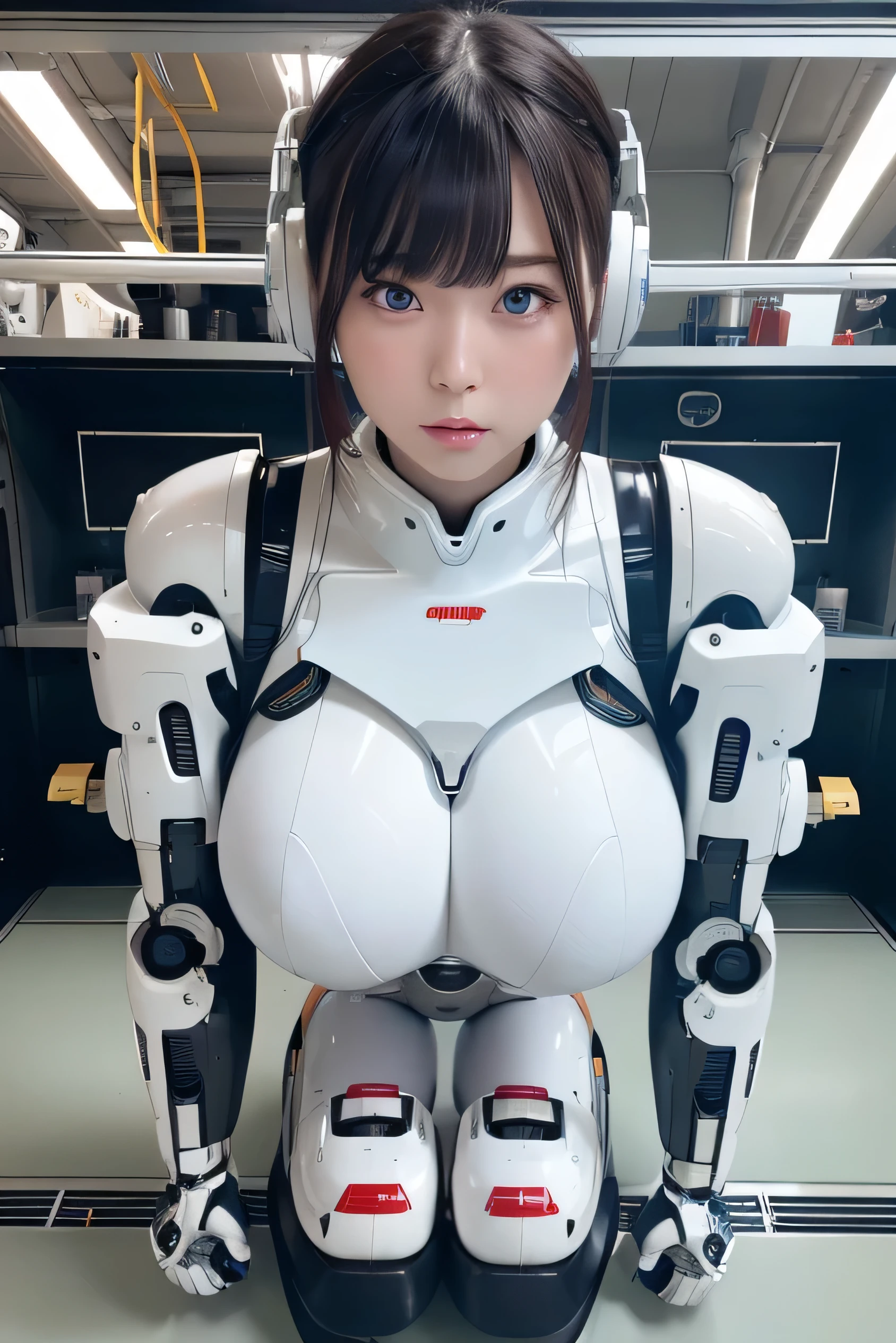 masterpiece, best quality, extremely detailed, Japanese android girl,Plump ,control panels,robot arms,robot,android,cyborg,white robot body,ceramic body,perfect robotgirl,blunt bangs,robot repair plant,chubby,pantyhose,platform sneaker,blue eyes,