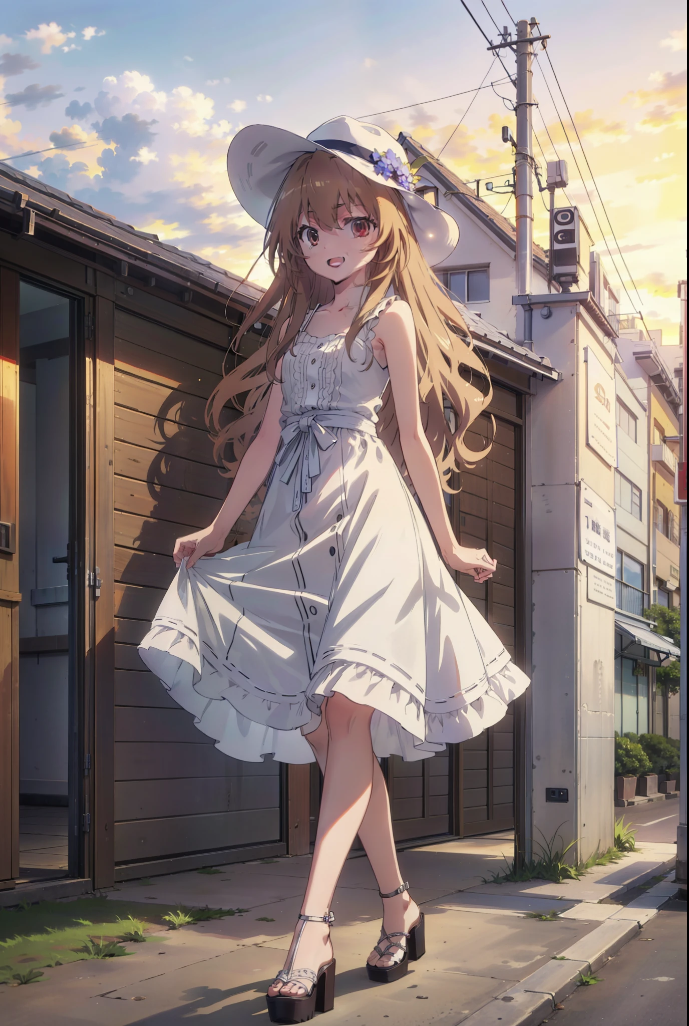 Aisaka Taiga, Aisaka Taiga, Long Hair, Brown Hair, Brown eyes,happy smile,smile, Open your mouth,White hat,White sleeveless dress,Long skirt,Heeled Sandals,evening,sunset,The sun is setting,whole bodyがイラストに入るように,Walking,　　　　　　　　　　　　  　　　　　break looking at viewer, whole body,　　　　　
break outdoors,Coastal Road,In town,
break (masterpiece:1.2), Highest quality, High resolution, unity 8k wallpaper, (shape:0.8), (Beautiful attention to detail:1.6), Highly detailed face, Perfect lighting, Extremely detailed CG, (Perfect hands, Perfect Anatomy),