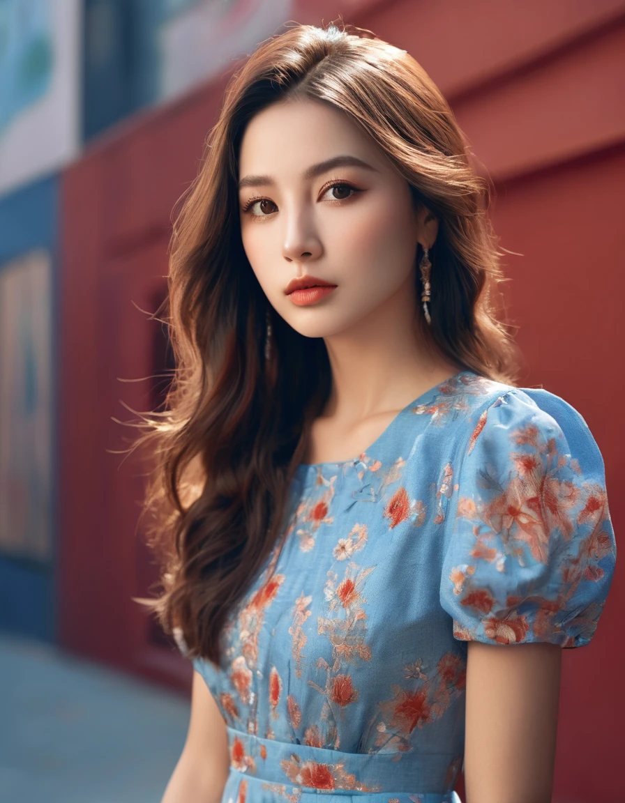 a beautiful young woman with long brown hair, blue summer dress, soft lighting, red wall background, detailed facial features, (best quality,4k,8k,highres,masterpiece:1.2),ultra-detailed,(realistic,photorealistic,photo-realistic:1.37),detailed eyes,detailed lips,extremely detailed face, long eyelashes,full body, big , portrait,soft lighting,warm colors,elegant,serene