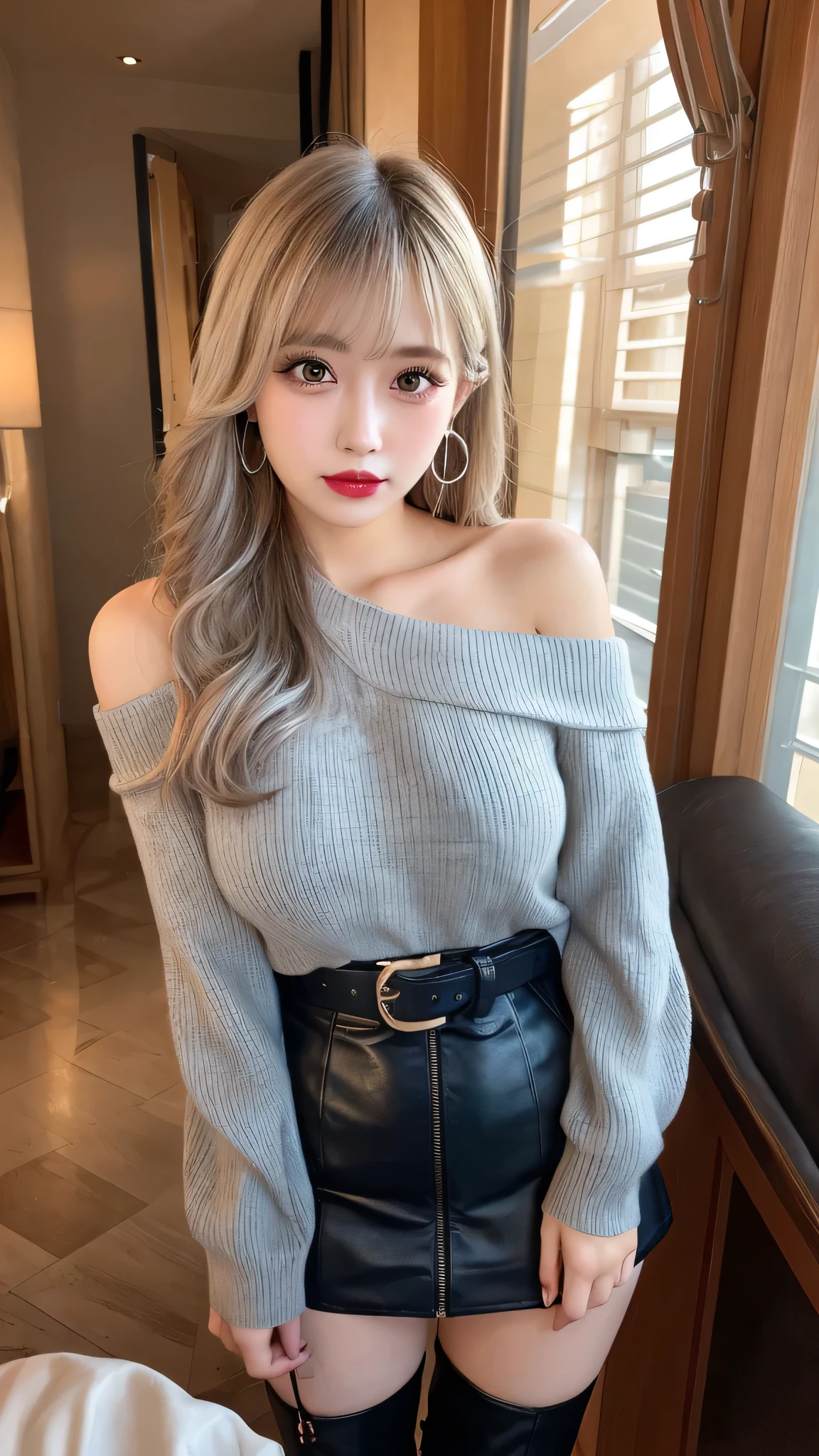 nsfw, (breast squeeze:1.3),(2girls:1.2),High resolution、Blonde Hair、Silver Hair,girl、Light Hair Color、sexy、Thin legs、Beautiful eyelashes、High resolution、Zoom out、20-year-old、Highest quality、Very detailed、Finer details、High resolution、8k wallpaper、Beautiful eyes in every detail、Natural lip color、Off-the-shoulder sweater、leather skirt、mini skirt、thigh-high boots、Long Hair、wave hair、Hotel、Cute Face、belt、Small face、looking at the camera、Earrings