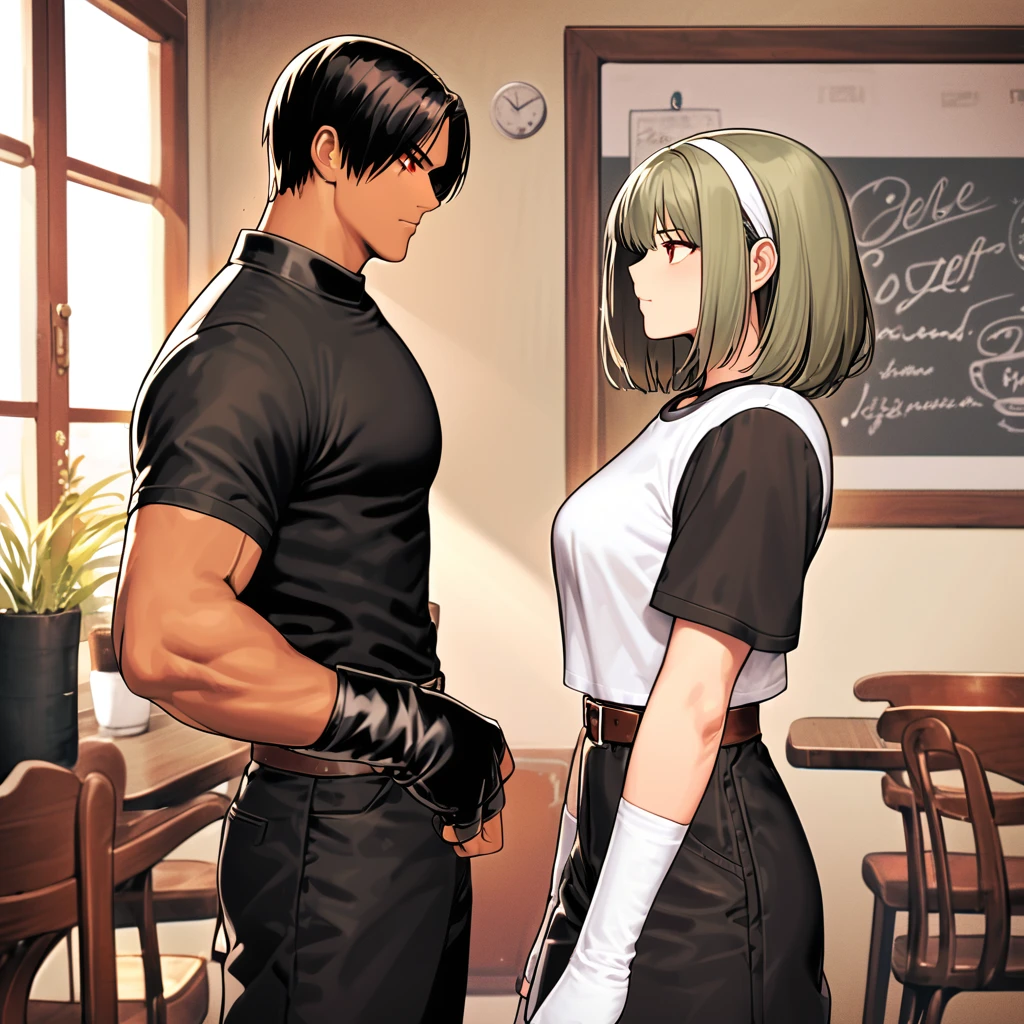 Kusanagi、Dark Skin、Red eyes、Black jacket、Fingerless gloves、Black Hair、White T-shirt、White headband、Black trousers、White shoes、Brown belt、good looking、indoor、Charm、masterpiece、High resolution、Detailed face、Fine grain、slightly confused face、Lovers at the cafe、Drink coffee、talk