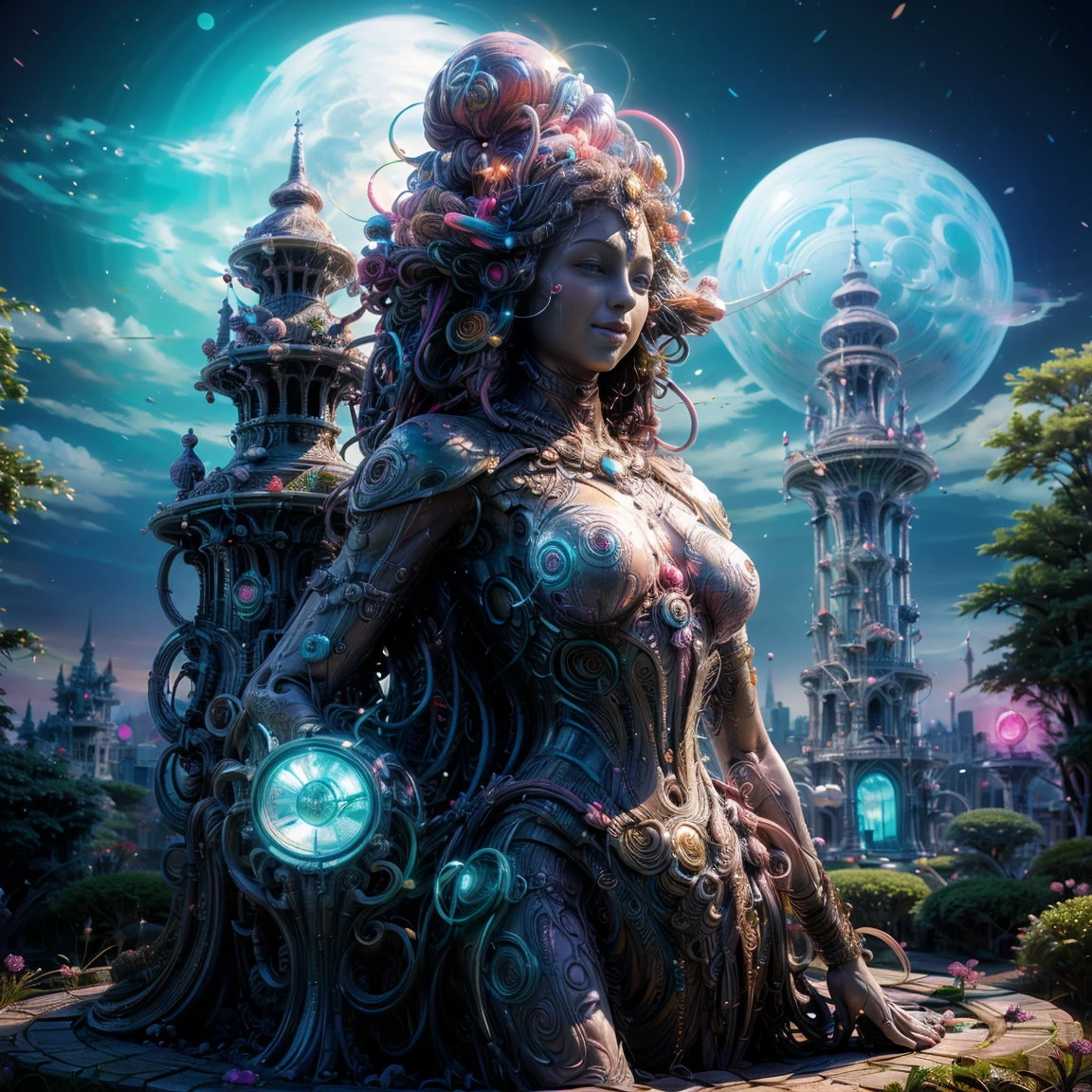 (Highest quality, Ultra HD, 16k, Masterpiece) A colossal statue of an Indian god stands majestically in the heart of a highly futuristic city, surrounded by towering high-rise buildings, flying cars, and vibrant bioluminescent lights. The statue, intricately designed with a blend of ancient and modern elements, depicts the deity in a serene and powerful pose. Neon lights and holographic projections add a surreal glow to the statue, highlighting its divine presence amidst the ultramodern environment.

The cityscape is a dazzling mix of sleek skyscrapers, each adorned with luminous advertisements and digital displays. Flying cars zip through the air, leaving trails of light behind them, creating a dynamic and bustling atmosphere. The streets below are lined with lush, exotic flowers, whose petals emit a soft, bioluminescent glow, adding a touch of nature's beauty to the urban setting.

The statue is surrounded by a lush garden oasis, a striking contrast to the metallic and glass structures that dominate the skyline. This green sanctuary is filled with diverse plant life, including bioluminescent flora that illuminates the night with a gentle, otherworldly light. The air is filled with a mix of futuristic sounds and the soft rustle of leaves, creating a harmonious blend of nature and technology.

Soft beams of light from the setting sun and the city's neon glow create a stunning interplay of colors and shadows, casting an ethereal ambiance over the scene. The overall composition captures the awe-inspiring fusion of ancient spirituality and cutting-edge innovation, evoking a sense of wonder and reverence for both the divine and the futuristic marvels of human achievement. This image portrays a breathtaking vision of a harmonious coexistence between tradition and progress in a vibrant, futuristic metropolis. ((((long shot))), (((drone shot))), (((zoomed out shot))), ((((huge statue)))), (((colossal statue))), (((bright light))), (((neon lights))), (((bioluminiscent light