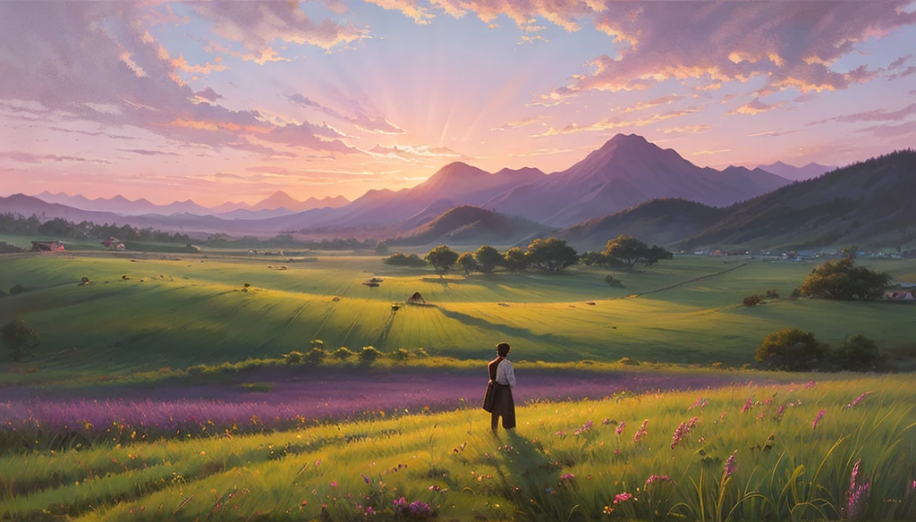 Highest quality、Landscape painting、Standing alone in the vast grassland、At dusk、Light purple sky