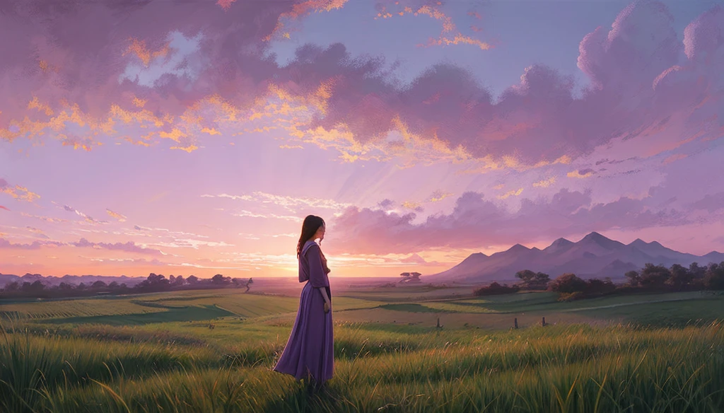 Highest quality、Landscape painting、Standing alone in the vast grassland、At dusk、Light purple sky