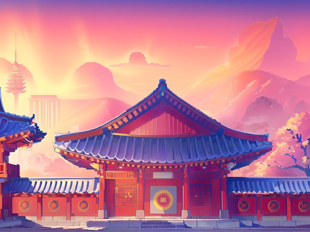 illustration:Traditional Chinese architecture,Pagoda in the background, Temple Background, Palace Background, Traditional Korean city, Korean traditional palace, Depicting the background of the temple, Dojo on the mountain, background technology, High School Background, Town Background, background technologywork, anime background technology, Anime Background, Korean Artist, Downtown Background, Pagoda Figures