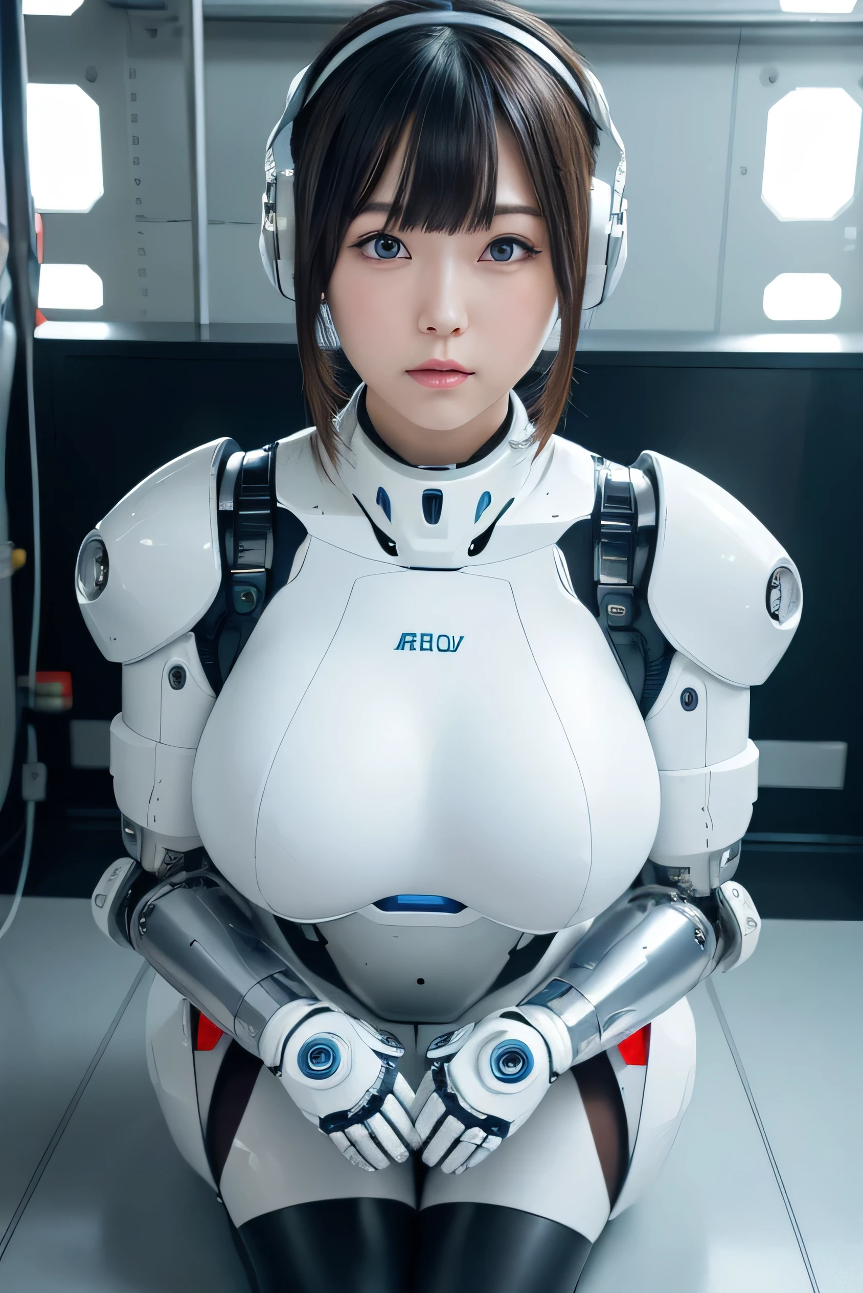 masterpiece, best quality, extremely detailed, Japanese android girl,Plump ,control panels,robot arms,robot,android,cyborg,white robot body,ceramic body,perfect robotgirl,blunt bangs,robot repair plant,chubby,pantyhose,platform sneaker,blue eyes,