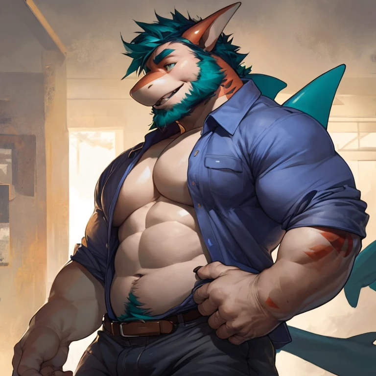 SemiMuscular Medium thin, male middle aged, anthro Shark, thin beard, flirting, dynamic light, opened Shirt, thick shirt ,Teal  hair and beard, extremely hot and sexy, Daddy figure, hot daddy, by darkgem, by zixiong, by glitter trap boy