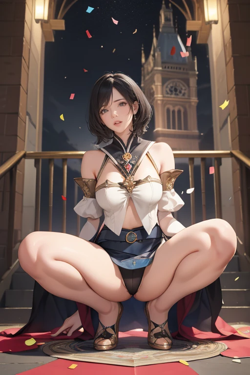 Highest quality, Official Art, masterpiece, Fabric Shading, High resolution, Very detailed, colorful, Best details, Fantasy, suit, Song Jua:1.5, 1 female, Age 25, Standing on the stairs,Pub with castle view, Many Stars々Shining night,short hair, Bobcut, Black Hair, Wavy Hair, {Surrounded by many people:1.9}, Confetti falling、Blessed、welcome:1.5, whole body:1.6squatting, spread legs,