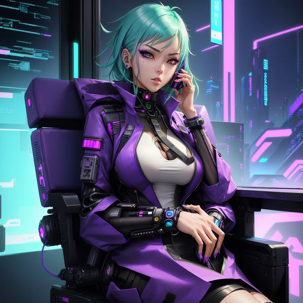anime woman in a purple suit sitting in a chair talking on a cell phone, modern cyberpunk anime, digital cyberpunk anime art, cyberpunk anime girl mech, anime cyberpunk art, cyberpunk femme fatale, cyberpunk angry gorgeous goddess, female cyberpunk anime girl, digital cyberpunk - anime art, cyberpunk anime art, cyberpunk anime girl, cyberpunk art style, digital cyberpunk anime!!, oppai cyberpunk