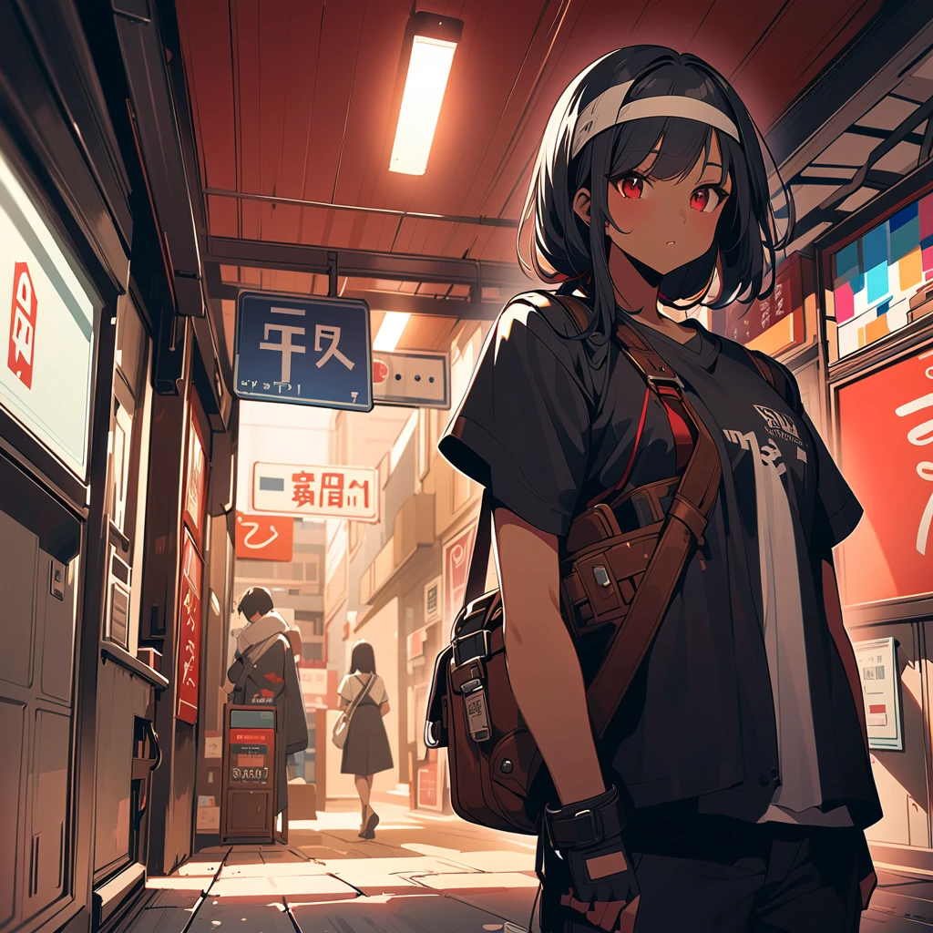 Orochikyo、1 person、Dark Skin、Red eyes、Black jacket、Fingerless gloves、Black Hair、White T-shirt、White headband、Black trousers、White shoes、Brown belt、good looking、indoor、Charm、masterpiece、High resolution、Detailed face、Fine grain、Appearance of stunned、Waiting for my lover on the street、hold one's head