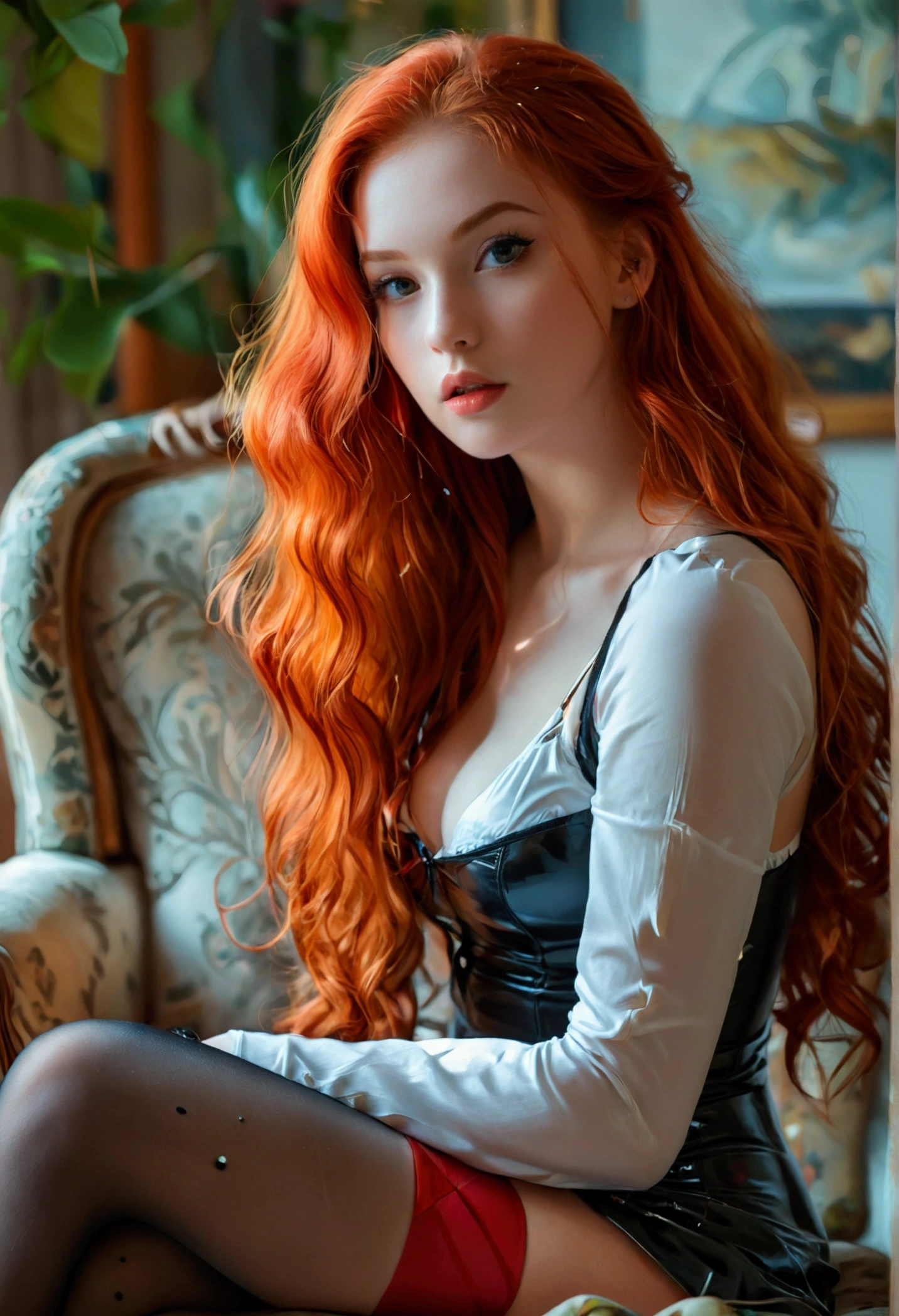 ultra realistic, photography, long red hair, girl, 24 years old, hourglass figure, perfect body, Flirty look, extremely detailed artgerm, in the style artgerm, lens 35 mm, blur background, sitting in a chair in the living room, wearing a tight cotton top and a short latex skirt, wearing thigh socks, showing off legs, long legs, touching her legs, sexy legs, attractive legs, full body picture, full body portrait, full body, wide shot, wide angle