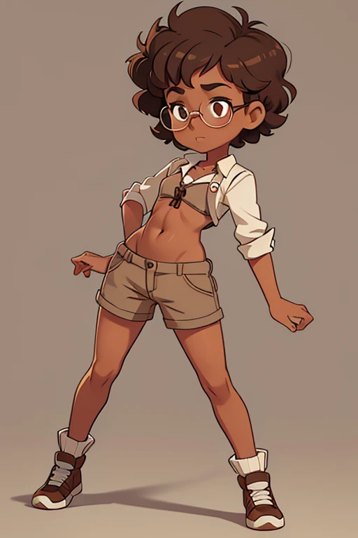 Really embarrassed tomboy girl, with short gray curly hair, brown skin and glasses, in brown body paint , full body, Dynamic poses